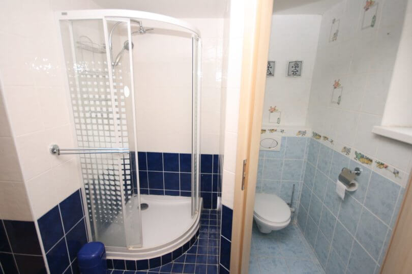 modrá koupelna se sprchovým koutem