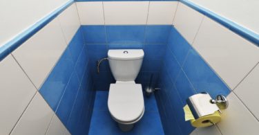 toaleta s modrým a bílým obkladem