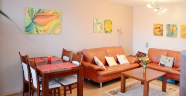 obývací pokoj s koženou pohovkou a jídelním stolem